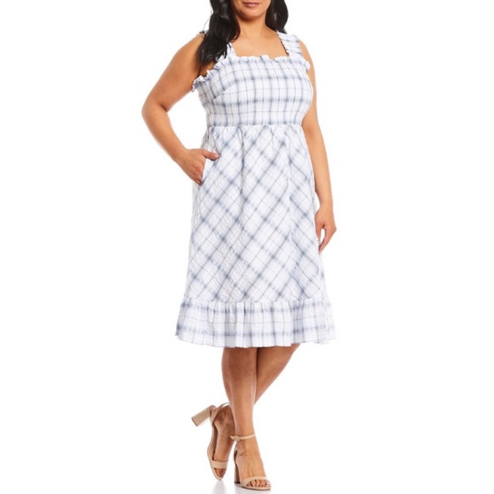 Eliza J Smocked Plaid Ruffle Midi Dress SZ 18W Blue White Sleeveless Sundress - Picture 6 of 16